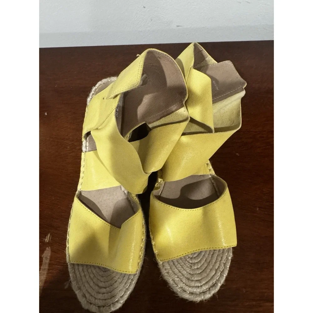 Eileen Fisher Yellow Wedge Sandals Leather Espadrille Criss Cross Women's Sz 9